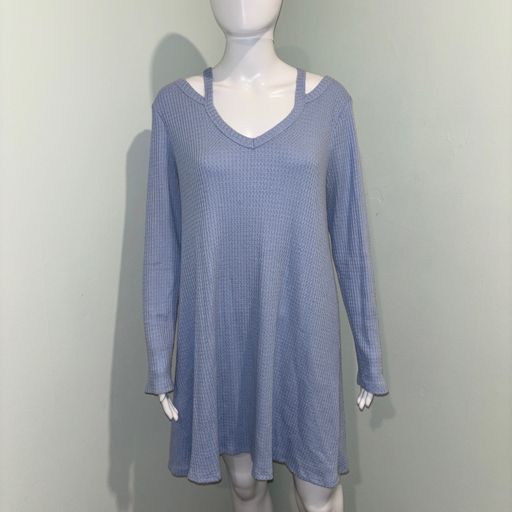 Alya Light Blue Long Sleeve Waffle Knit Sweater Dress - L